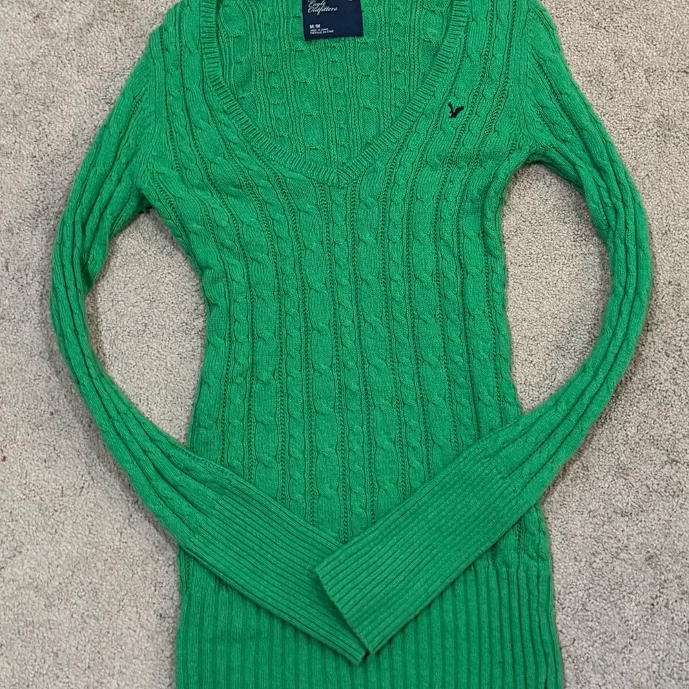 American Eagle Outfitters Vibrant Green V-Neck Sweater
